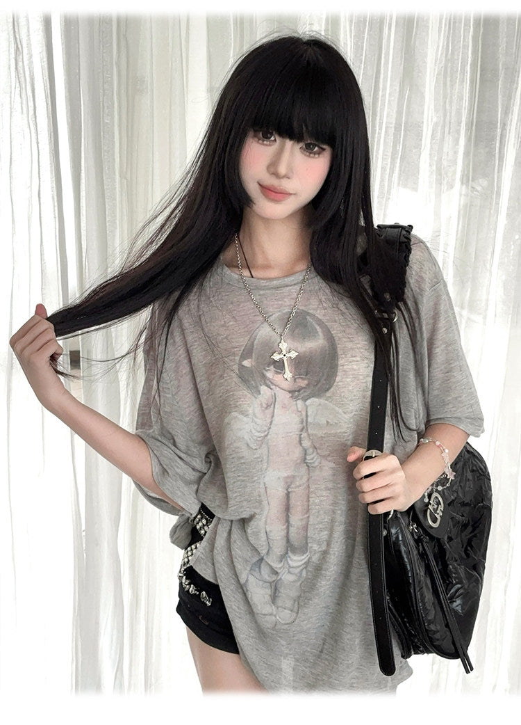Faded Angel Girl Sheer Oversized Tee