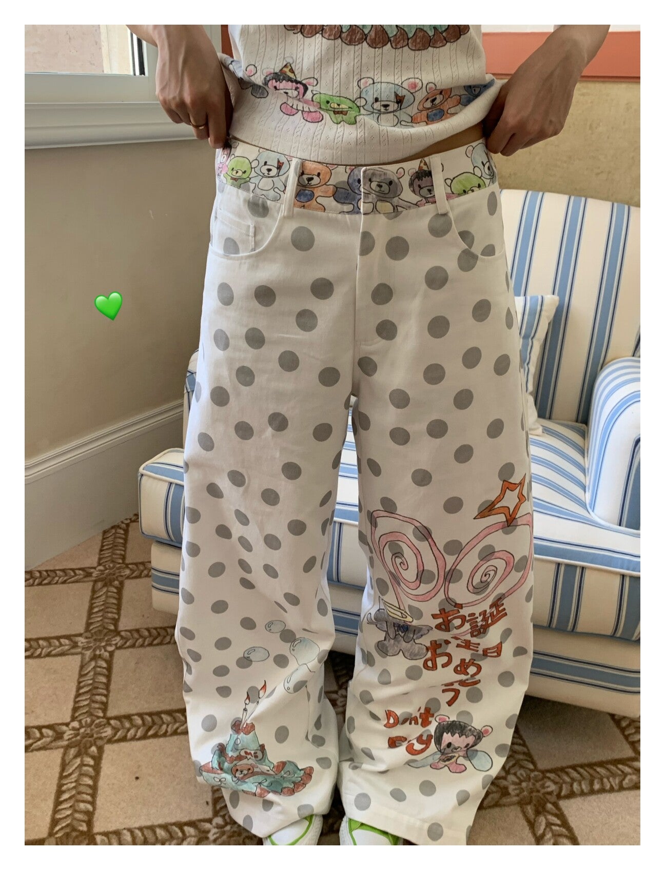 Happy Birthday Bear Gray Polka Dot Wide-Leg Pants