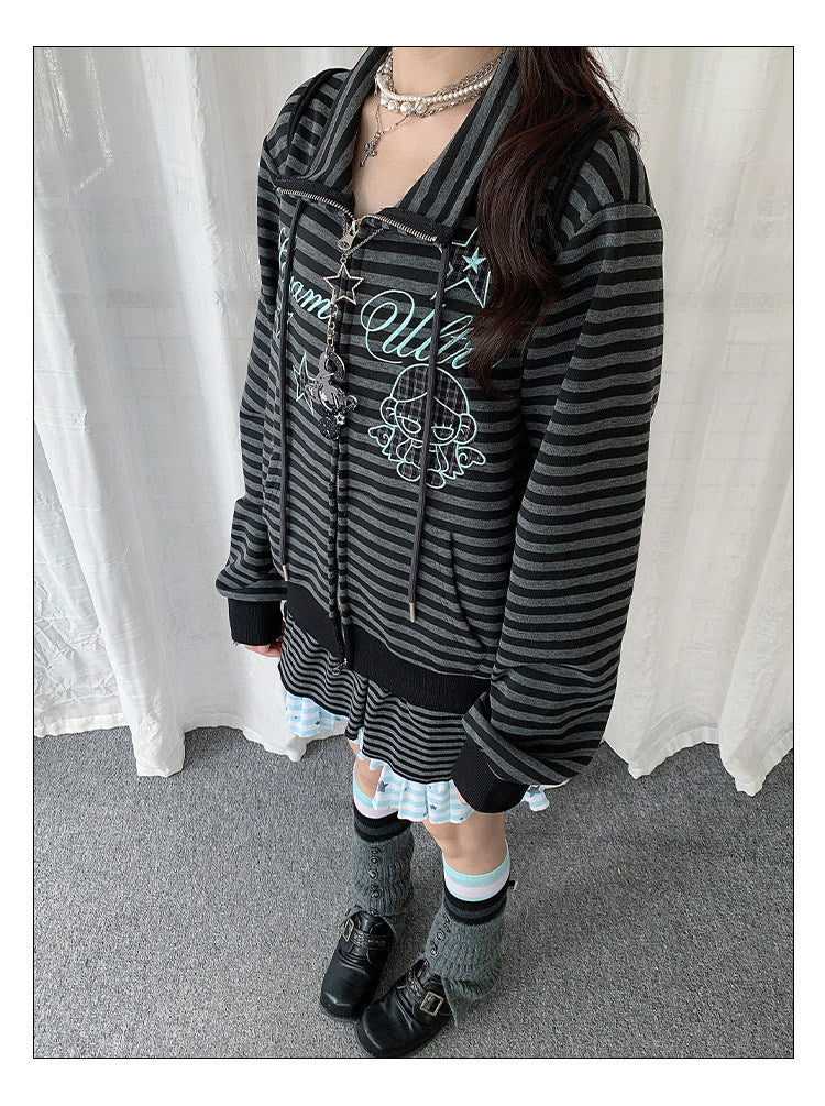 Star Charm Striped Embroidered Zip-Up Jacket