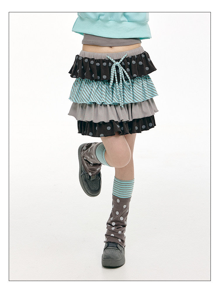 Gray Green Polka Dot & Stripe Tiered Mini Skirt