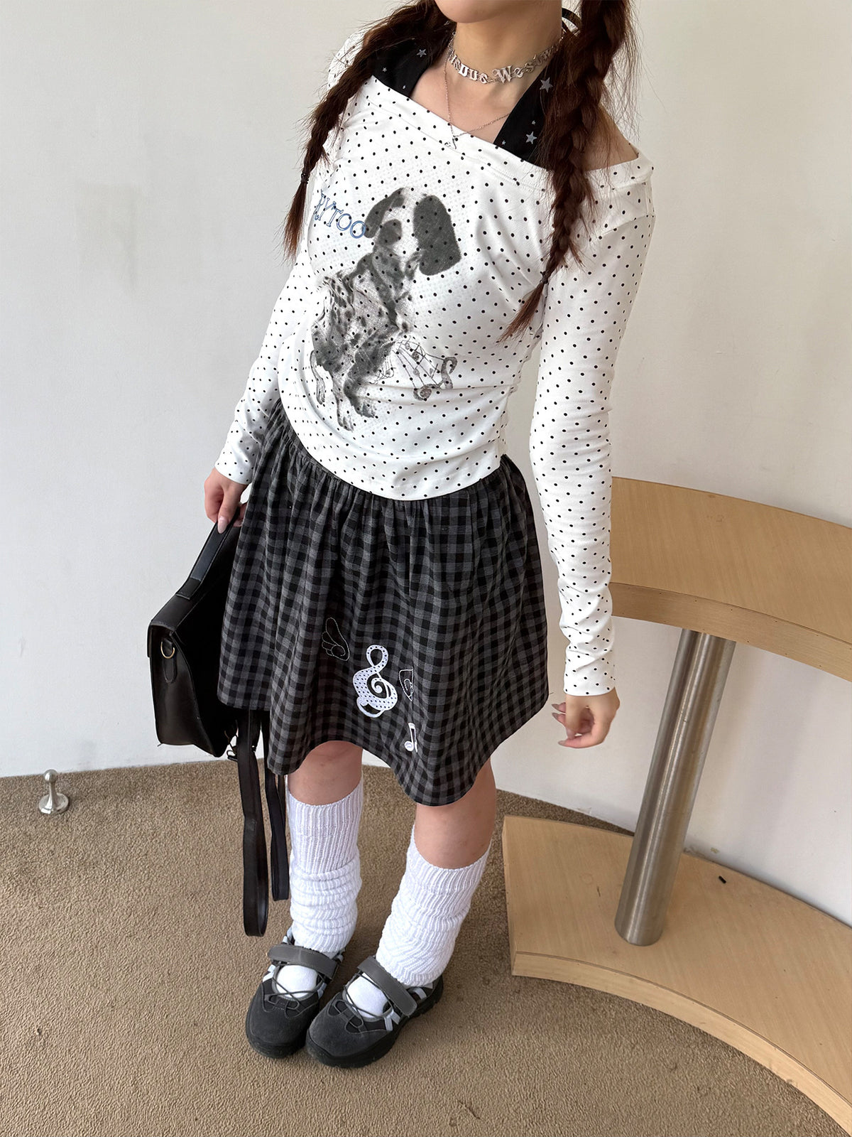 White Polka Dot Puppy Off-Shoulder Long Sleeve Top