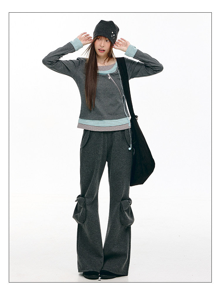 Diagonal Zip Faux-Layer Long Sleeve Top