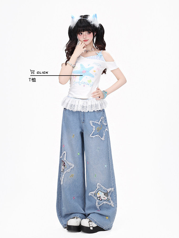 Star Cat Patch Wide-Leg Jeans with Card Holder Charm