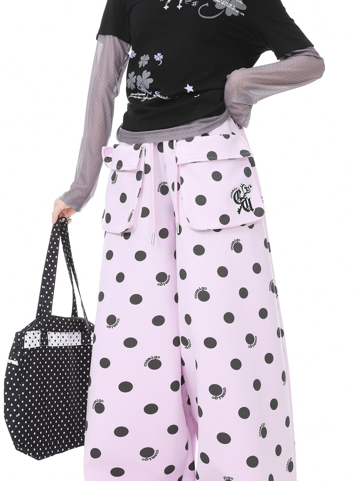 Polka Dot Utility Pocket Wide-Leg Sweatpants