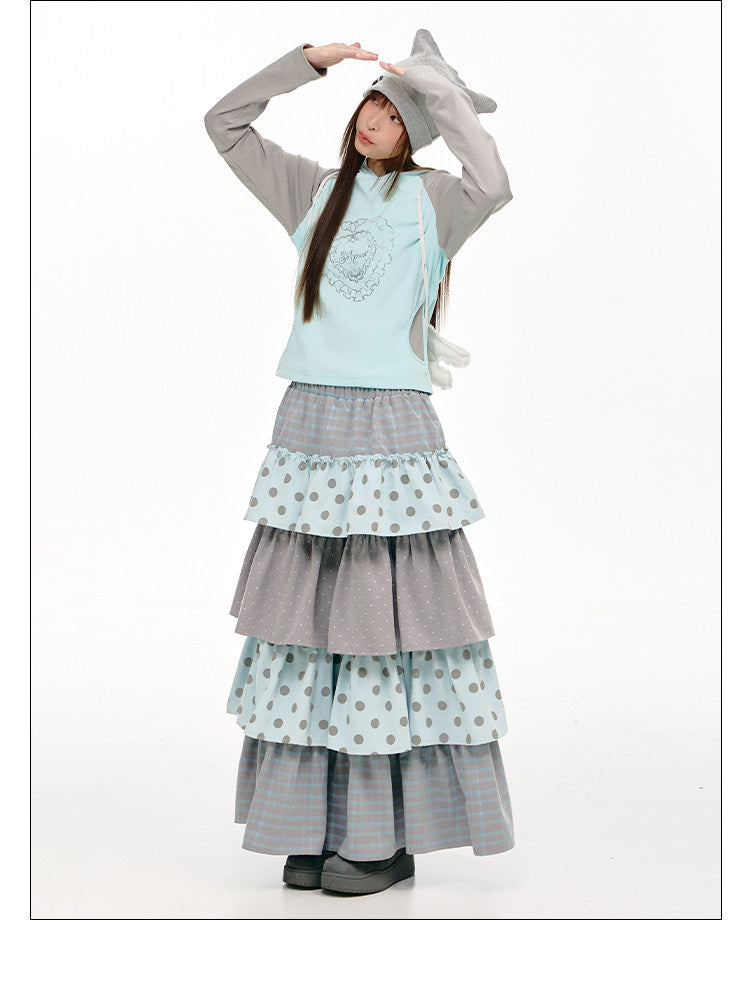 Gray-Blue Polka Dot Tiered Maxi Skirt