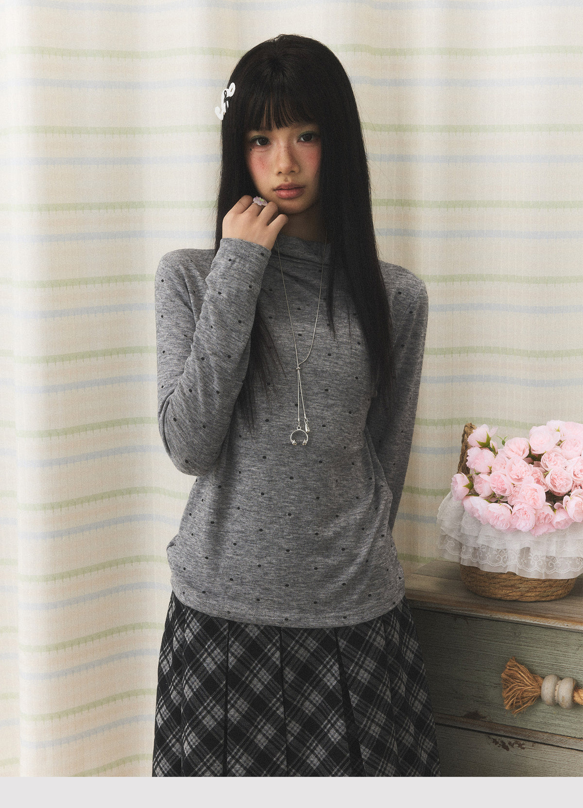 Polka Dot Mock-Neck Long Sleeve Top