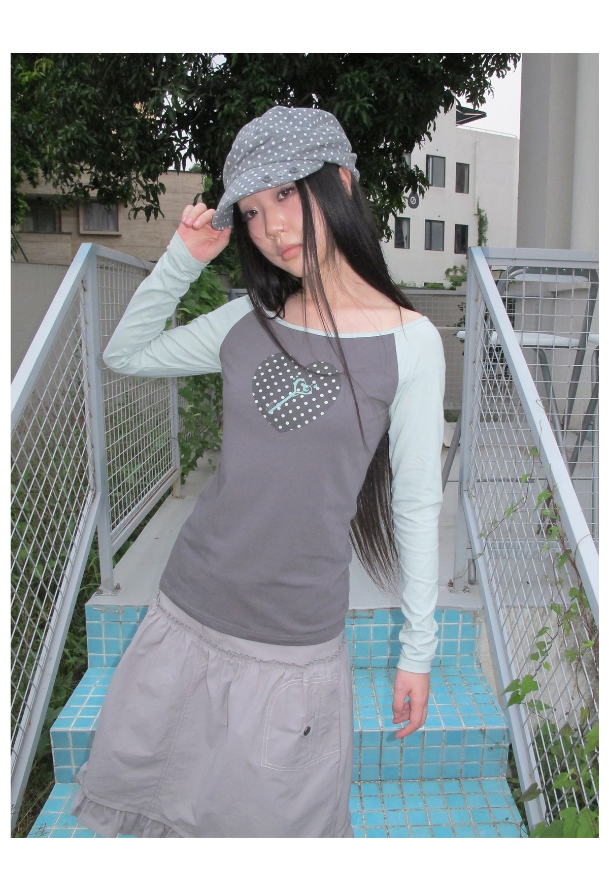 Polka Dot Heart Key Contrast Raglan Long Sleeve Tee