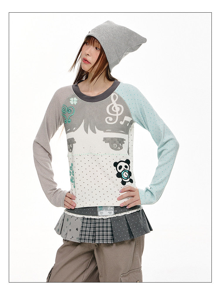 Mint Polka Dot Contrast-Sleeve Graphic Long Sleeve Top
