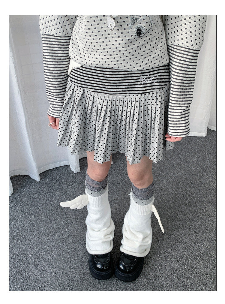 Polka Dot Stripe Pleated Mini Skirt