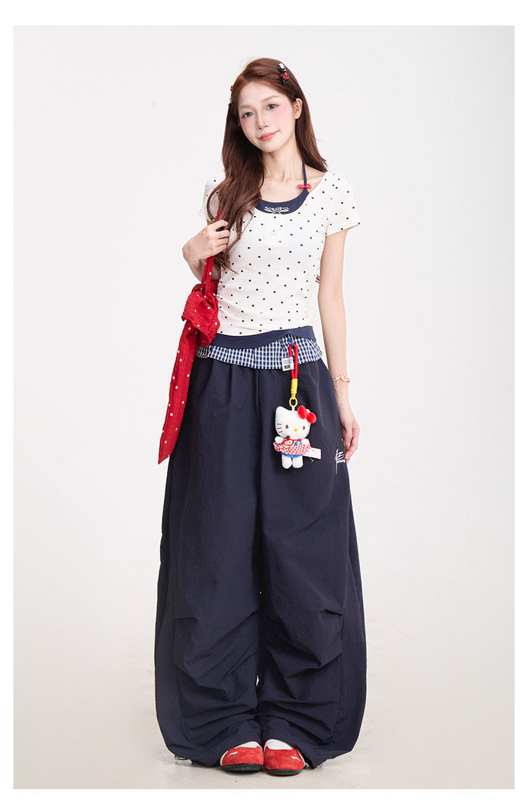 Polka Dot Baby Tee & Navy Wide-Leg Pants