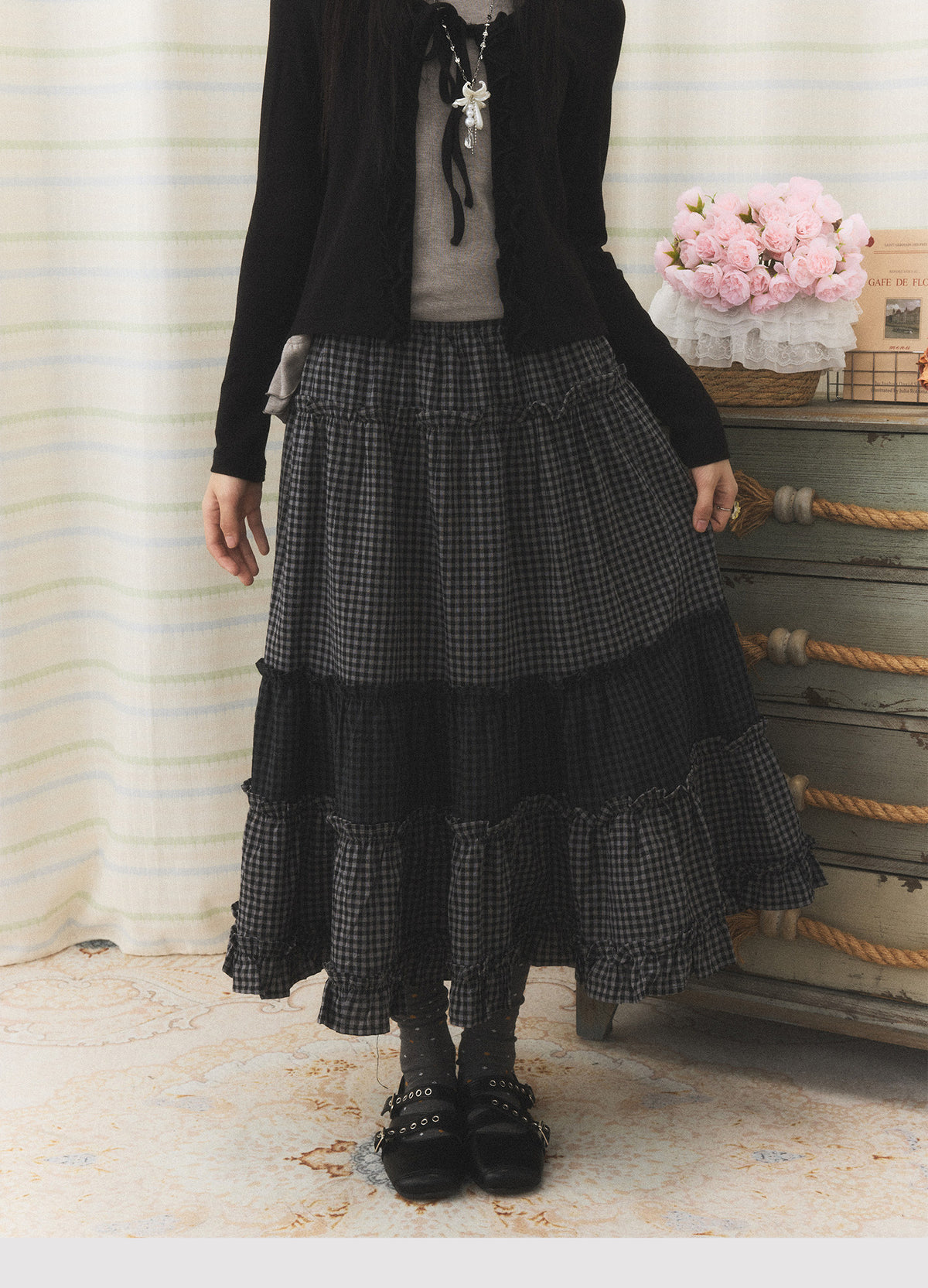 Mixed Plaid Tiered Ruffle Midi Skirt