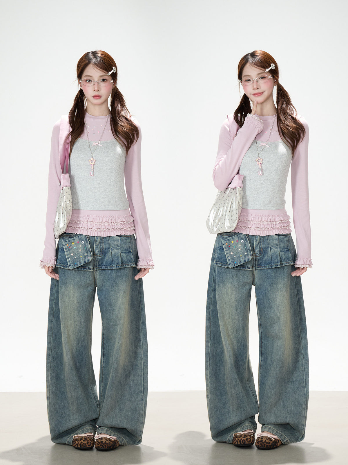 Gray-Pink Faux-Layered Lace Ruffle Long Sleeve Top
