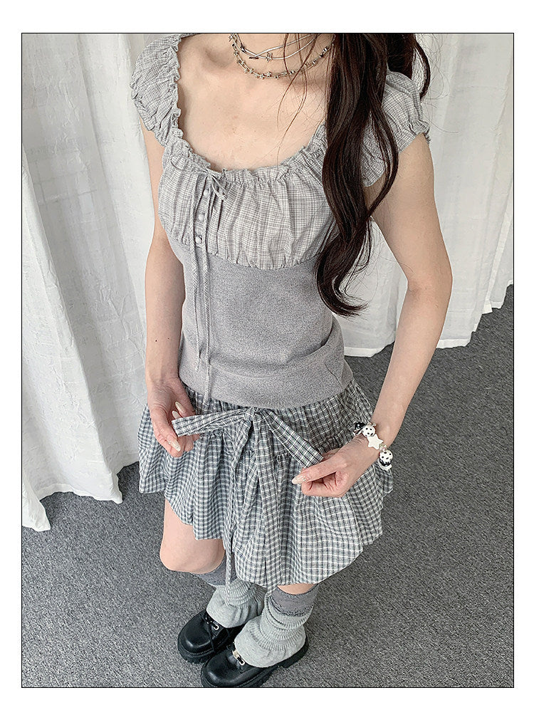 Light Gray Plaid Bow Bubble Mini Skirt