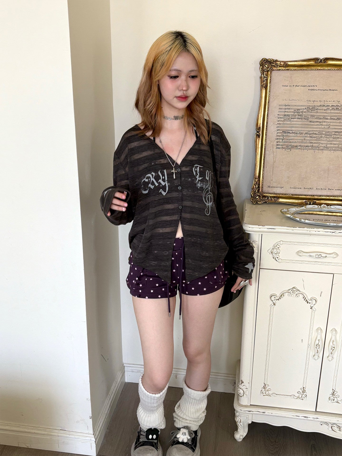 Smoky Brown Sheer Music Star Cardigan