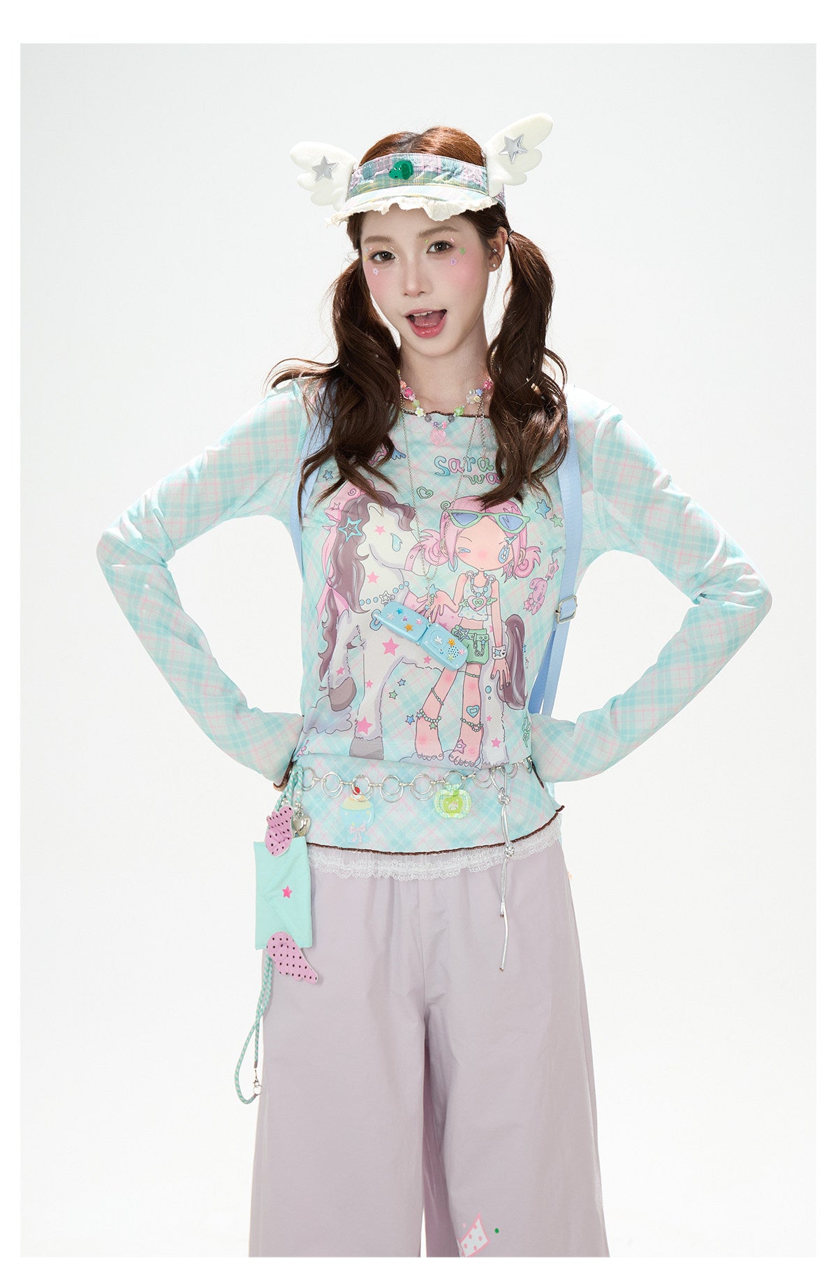 Pastel Anime Plaid Long Sleeve Top & Camo Lace-Trim Midi Skirt