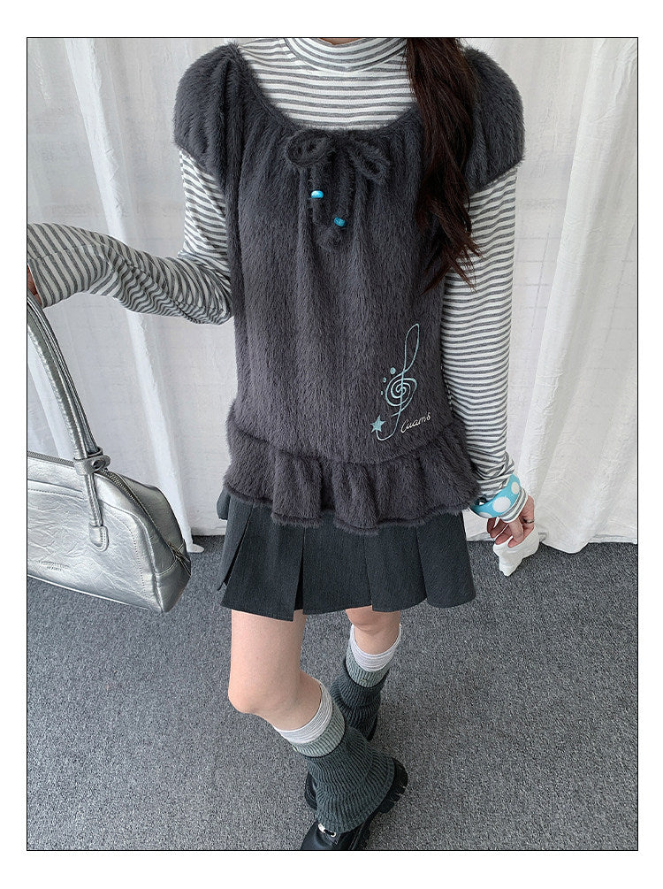 Fuzzy Ruffle Layered Two-Piece Long Sleeve Top Set