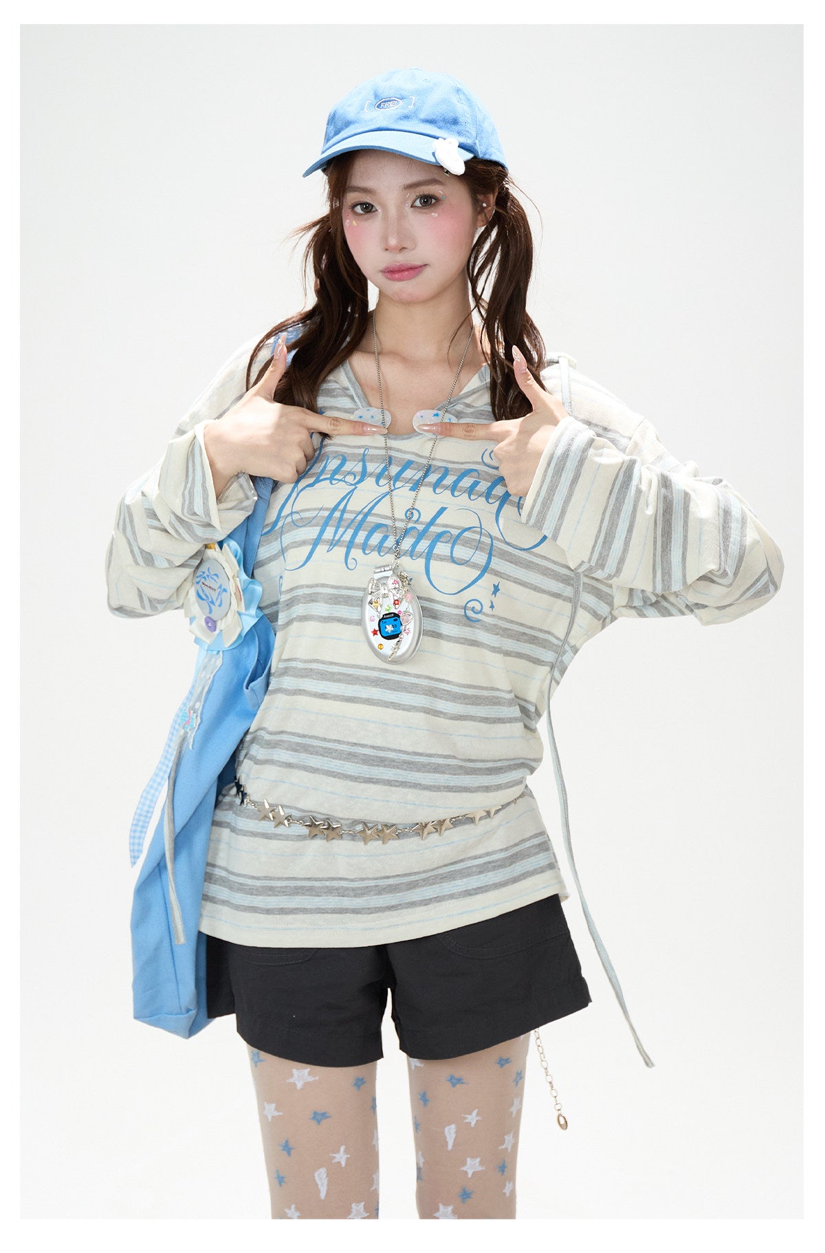 Blue Striped Hooded Long Sleeve Top & Dark Gray Drawstring Shorts