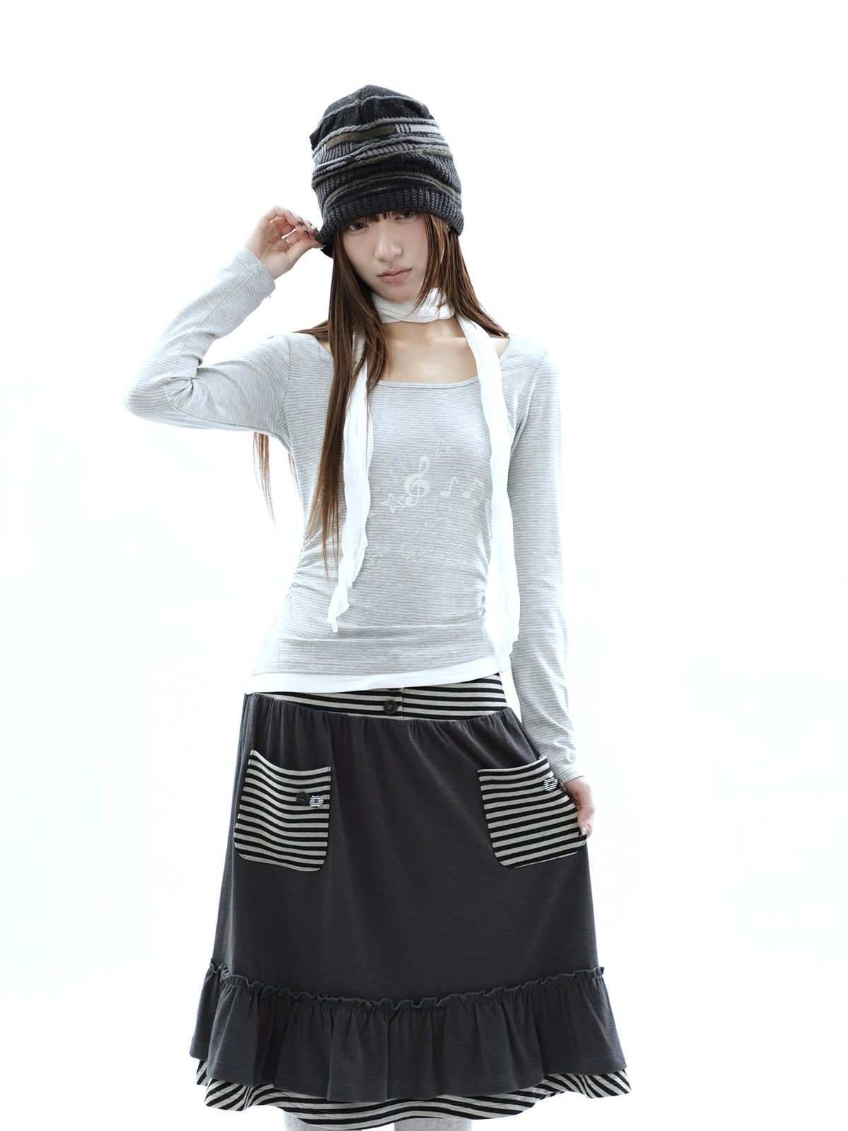 Music Note Striped Layered Long Sleeve Top with Scarf