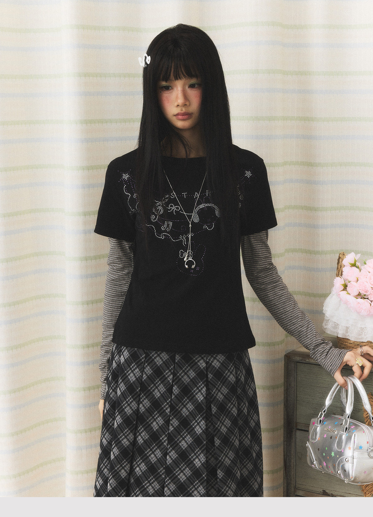 Rhinestone Graphic Faux-Layered Long Sleeve Top