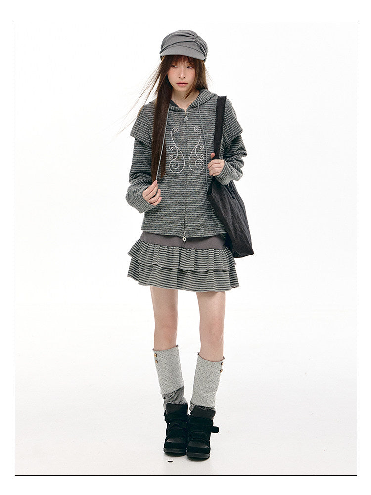 Charcoal Stripe Music Note Faux-Layer Zip Hoodie