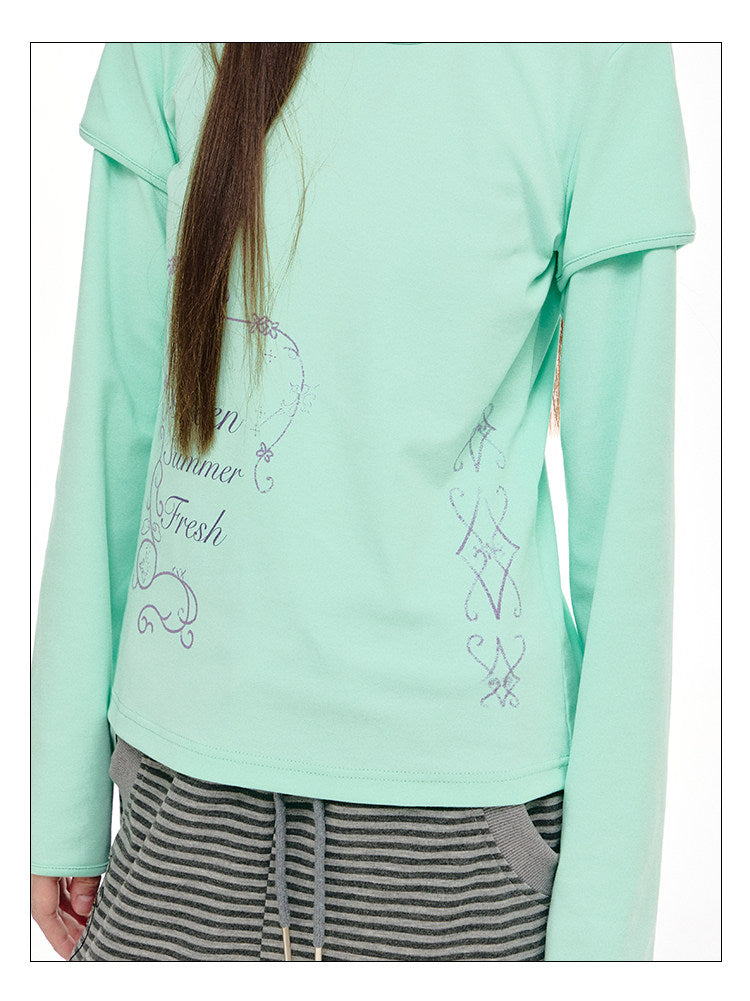 Mint Haze Faux-Layer Graphic Long Sleeve Top