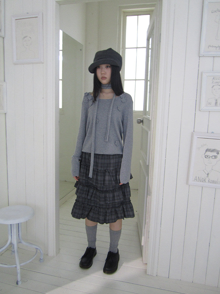 Vintage Gray Plaid Tiered Ruffle Skirt
