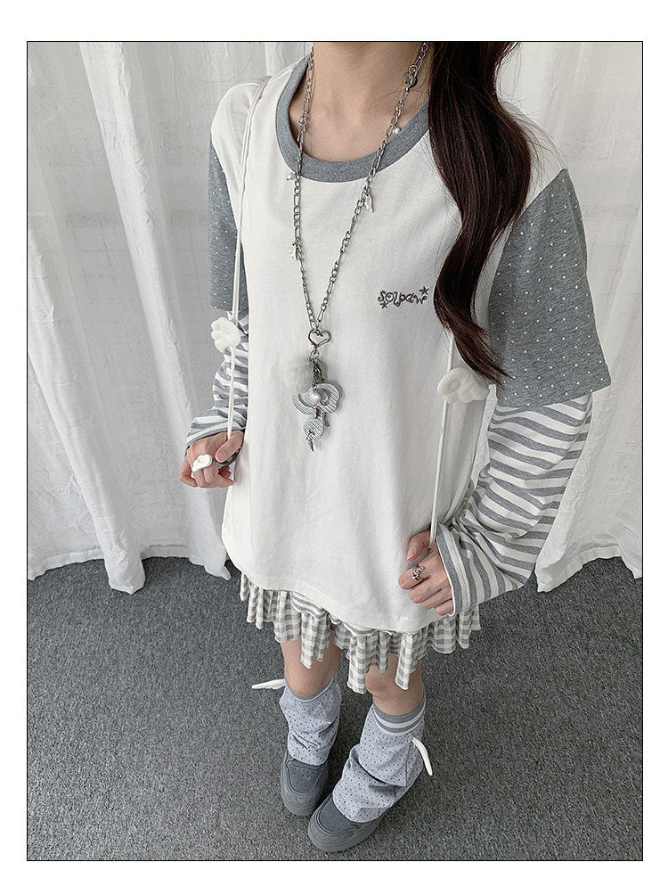 Ivory Polka Dot Stripe Faux-Layer Long Sleeve Top