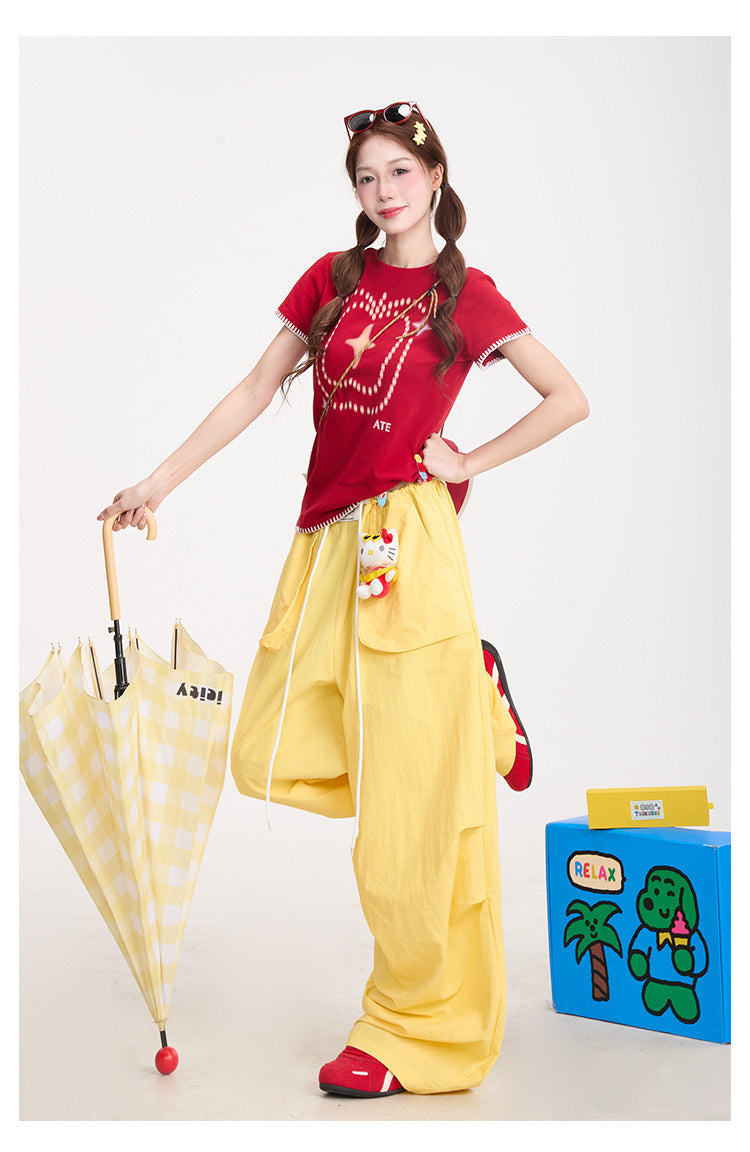 Red Star Baby Tee & Yellow Wide-Leg Pants