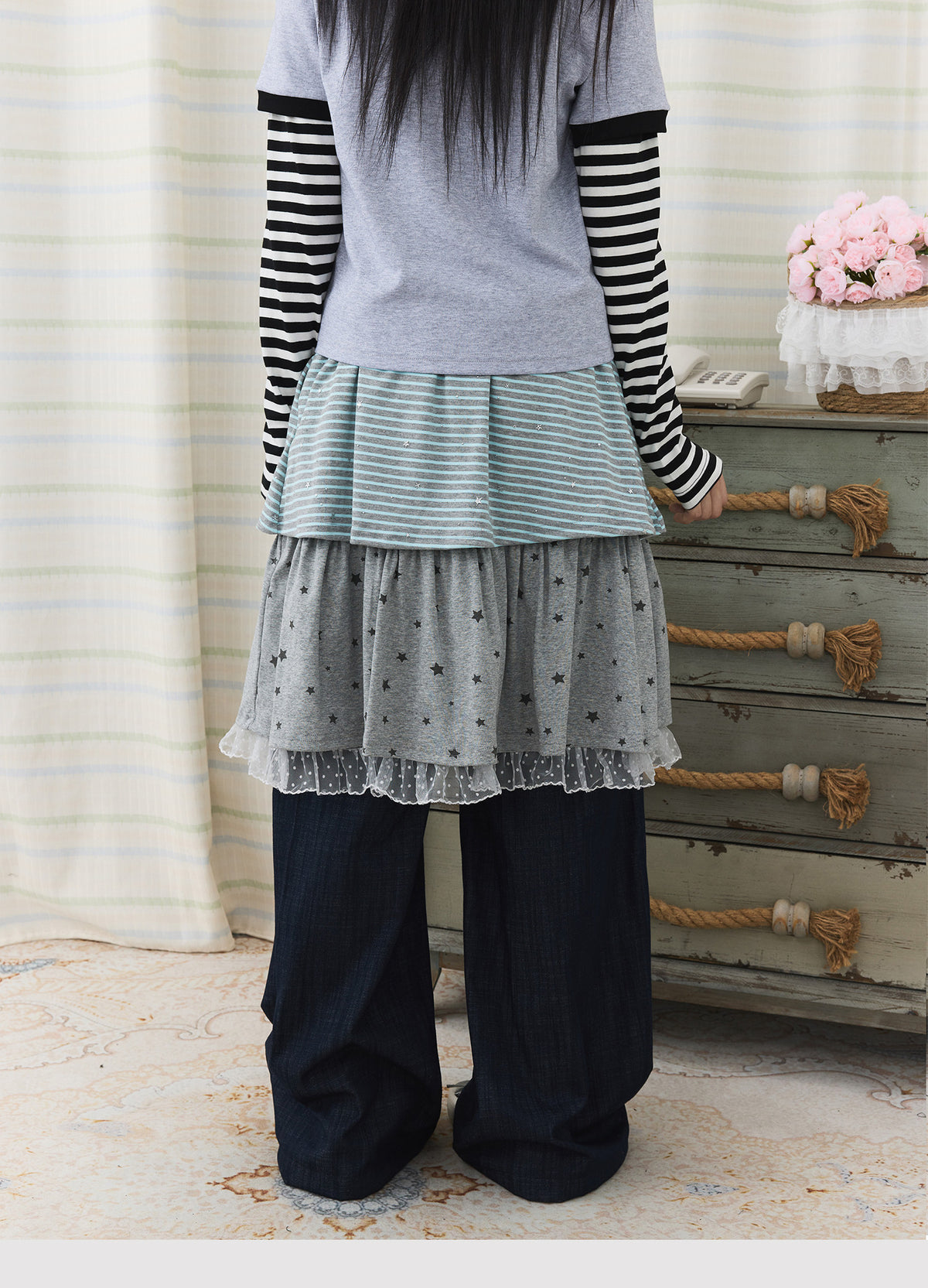 Star Stripe Layered Skirt Wide-Leg Pants