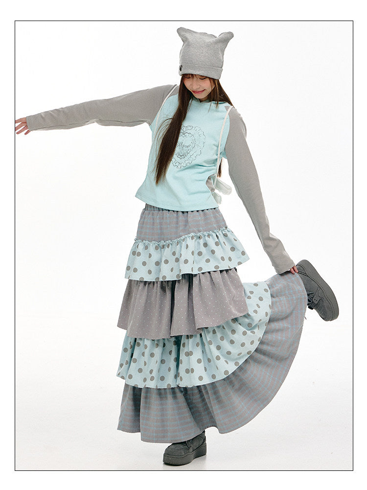 Mint Heart Contrast Hooded Long Sleeve Top