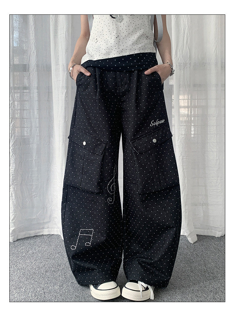Polka Dot Music Note Embroidered Cargo Pants