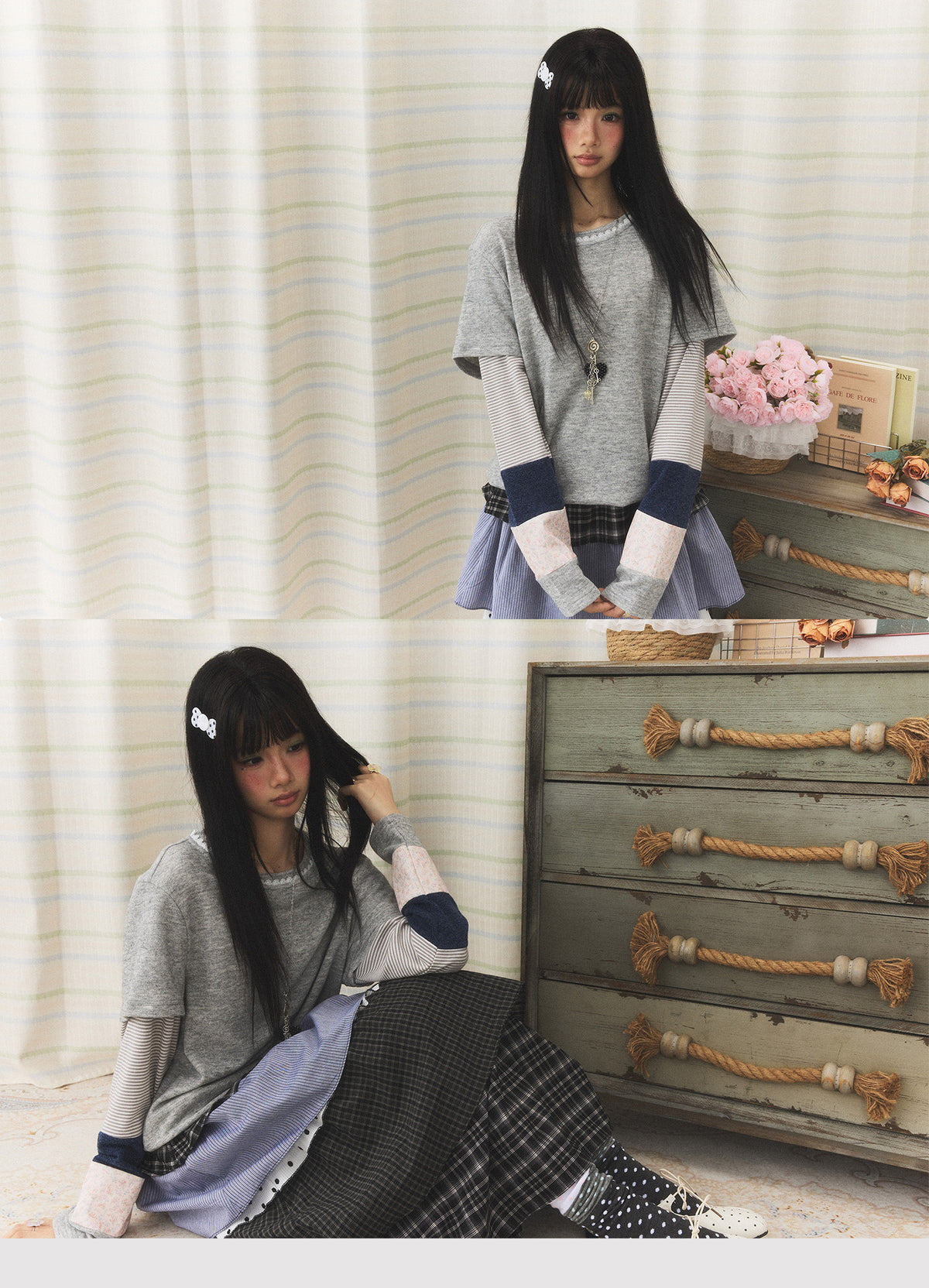 Lace-Trim Patchwork Faux-Layered Long Sleeve Top
