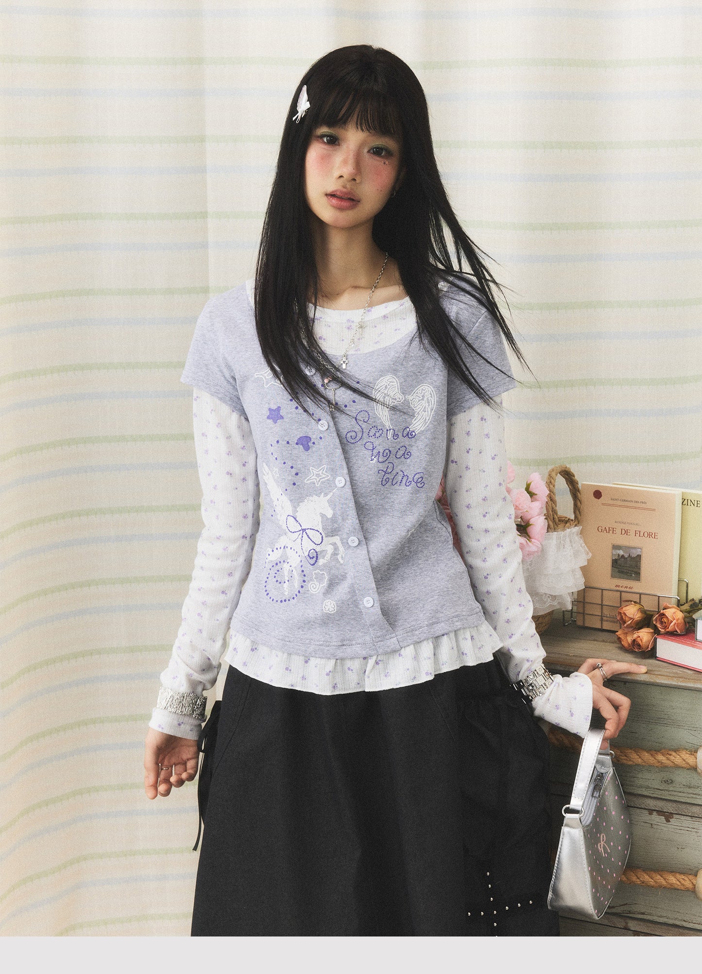 Lavender Wing Floral Faux-Layer Long-Sleeve Tee