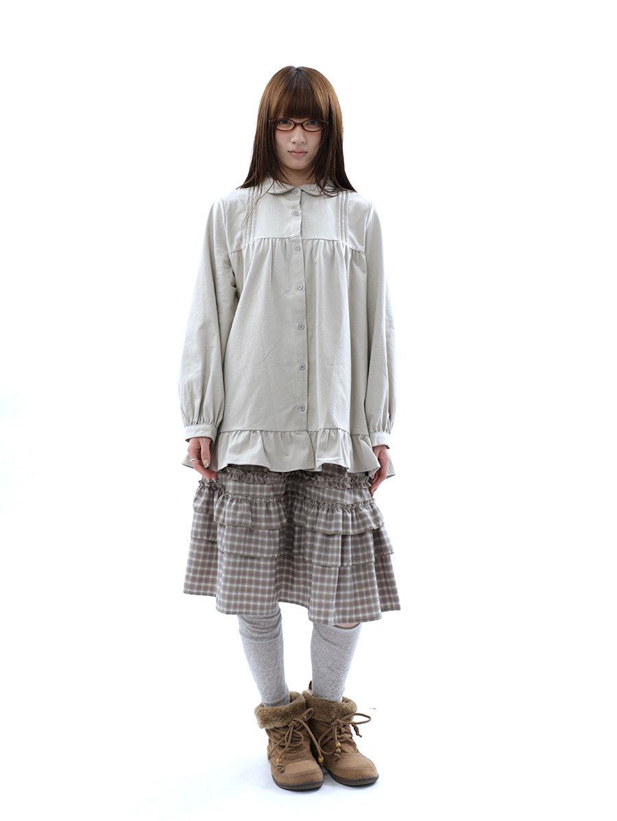 Pleated Ruffle Hem Button-Up Long Sleeve Blouse