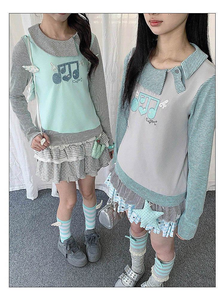 Music Note Embroidered Faux-Layered Long Sleeve Top