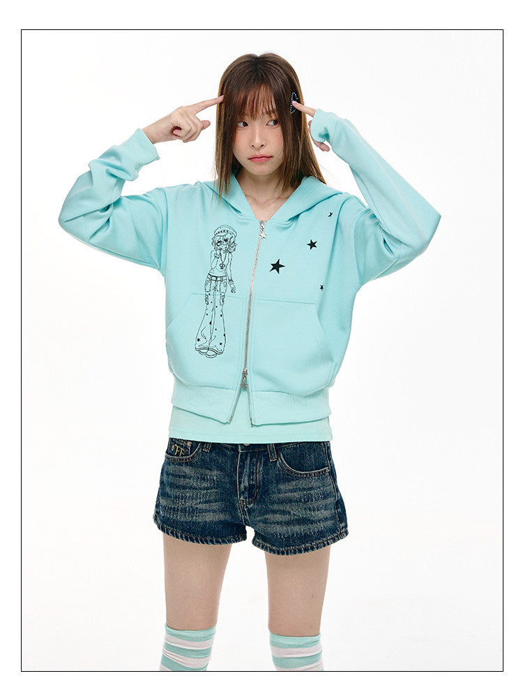 Mint Star Double-Zip Cropped Hoodie