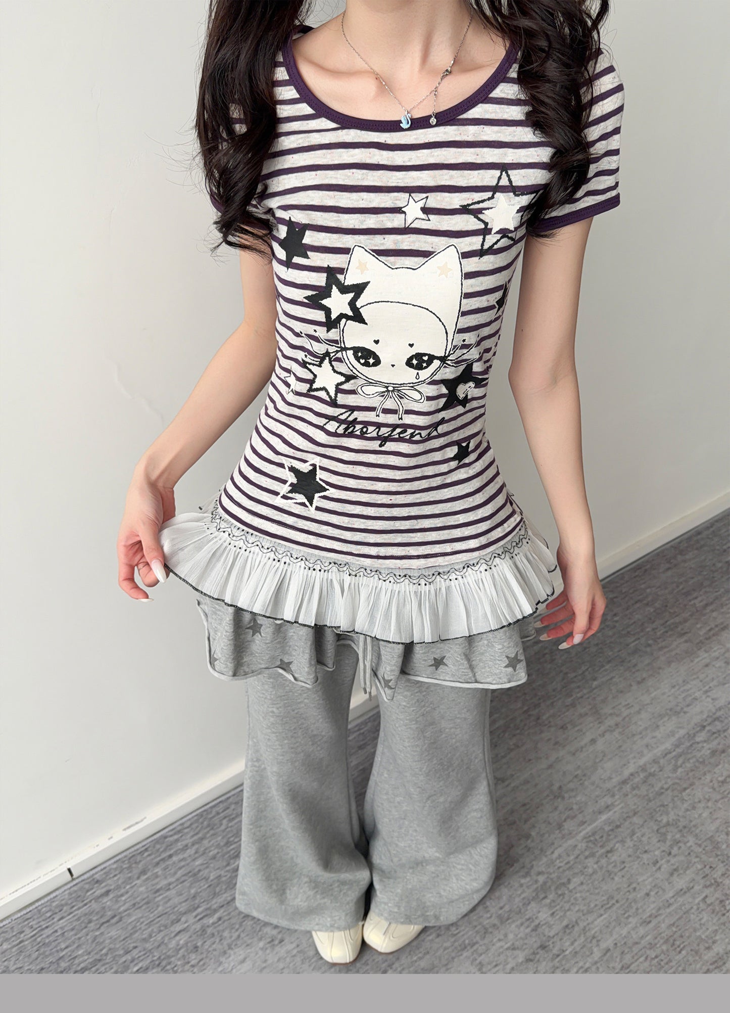 Purple Stripe Star Girl Ruffle-Hem Tee