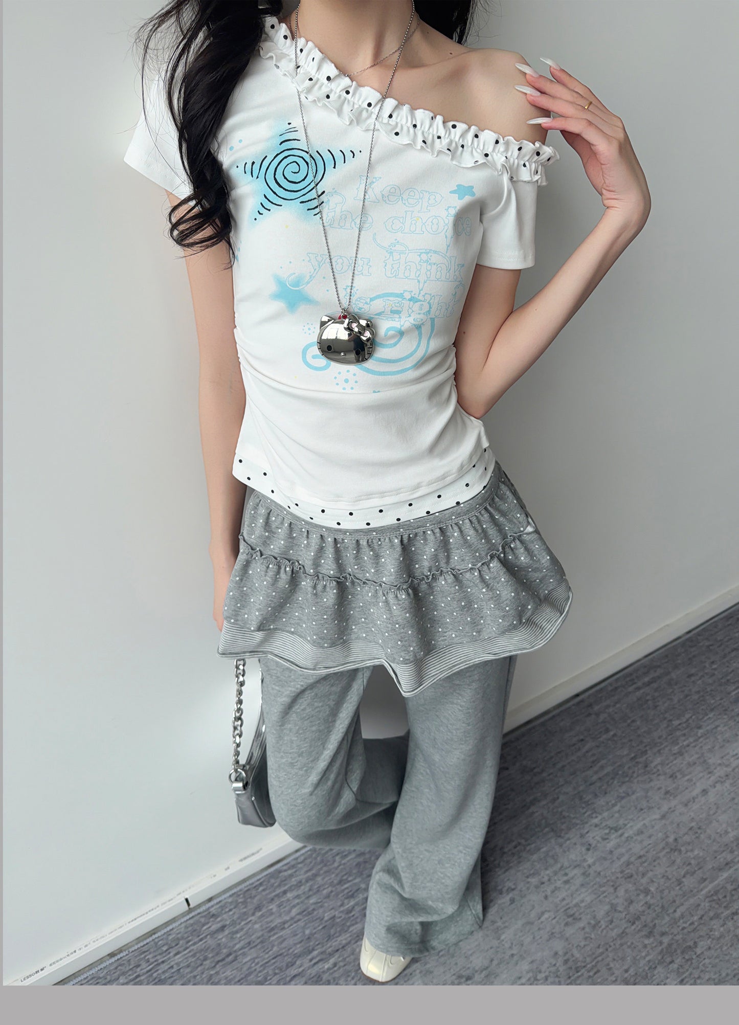 Blue Star Polka Dot Ruffle One-Shoulder Tee