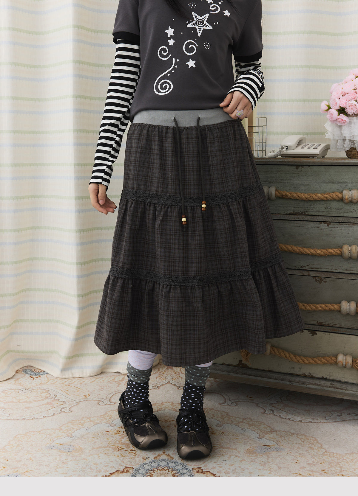 Plaid Tiered Lace Trim Midi Skirt