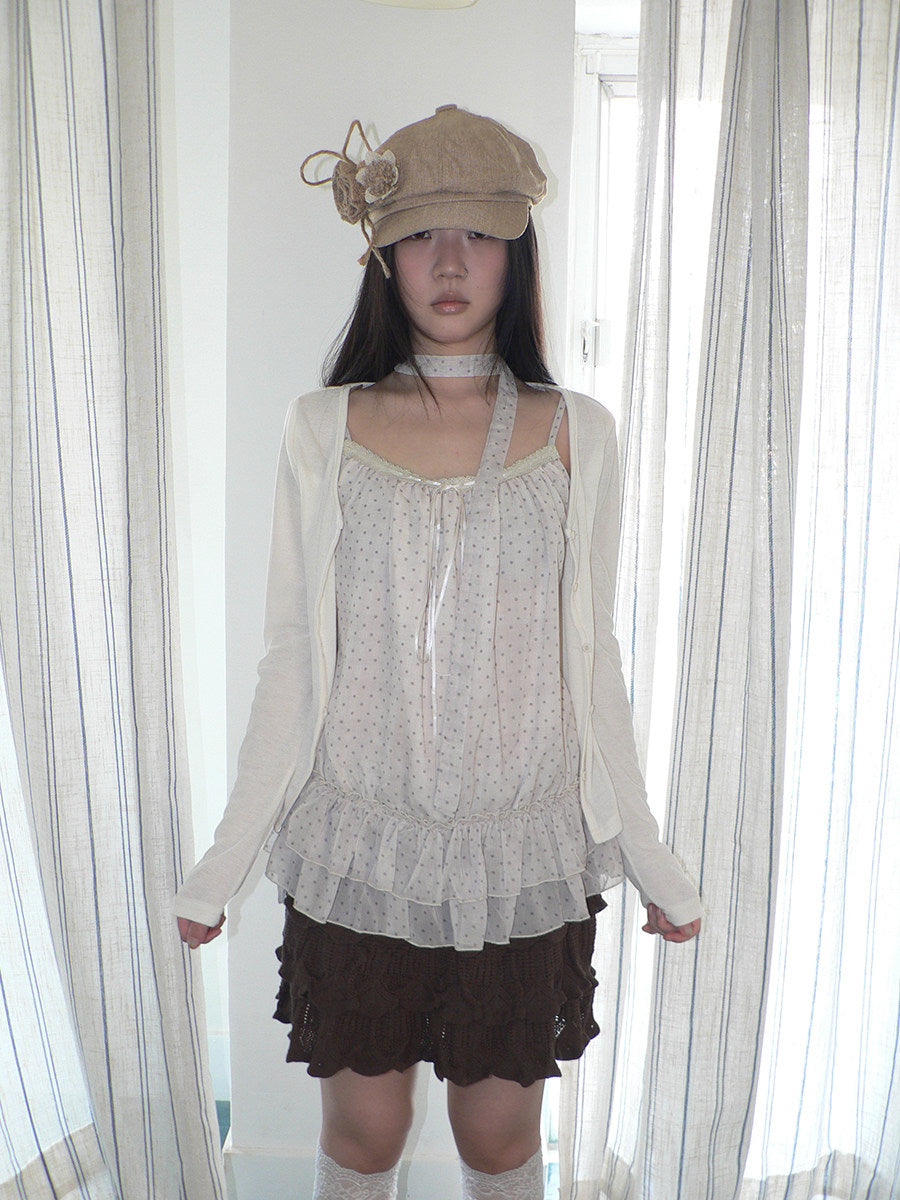 Polka Dot Ruffle Camisole & Cardigan Set with Scarf