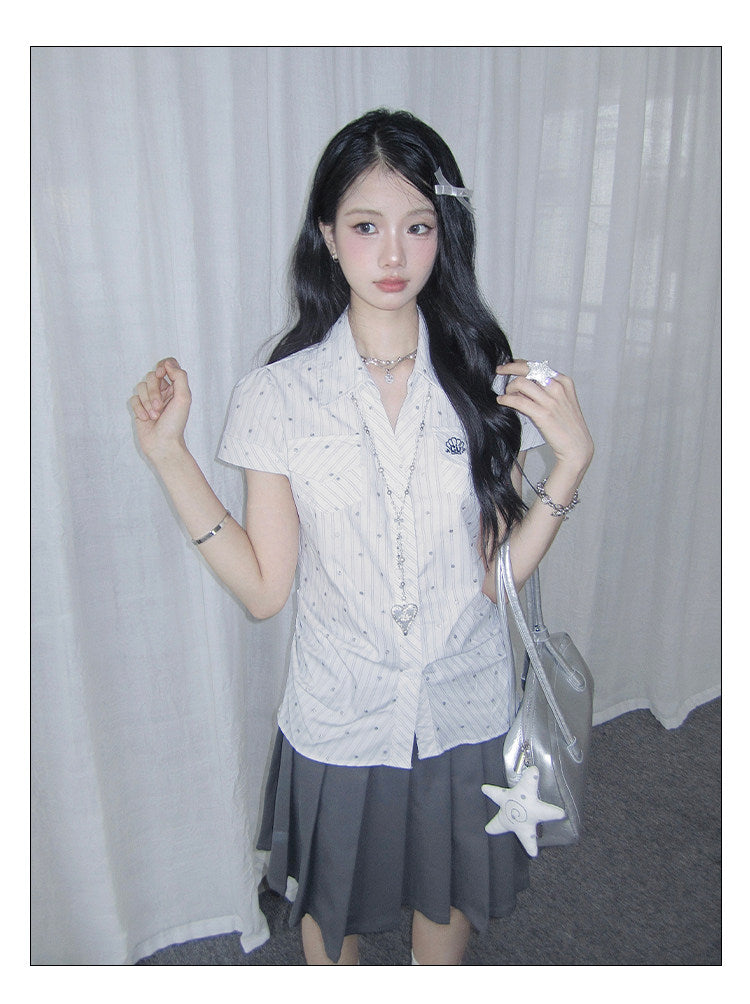 Silver Dot Pinstripe Fitted Short-Sleeve Shirt