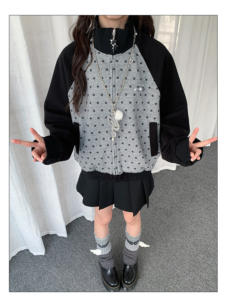 Contrast Polka Dot Zip-Up Jacket