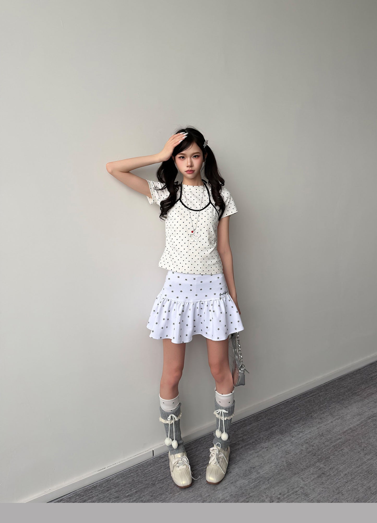Polka Dot Faux-Layer Halter Fitted Tee