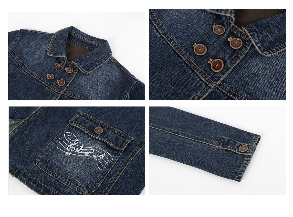 Washed Denim Music-Note Embroidered Jacket