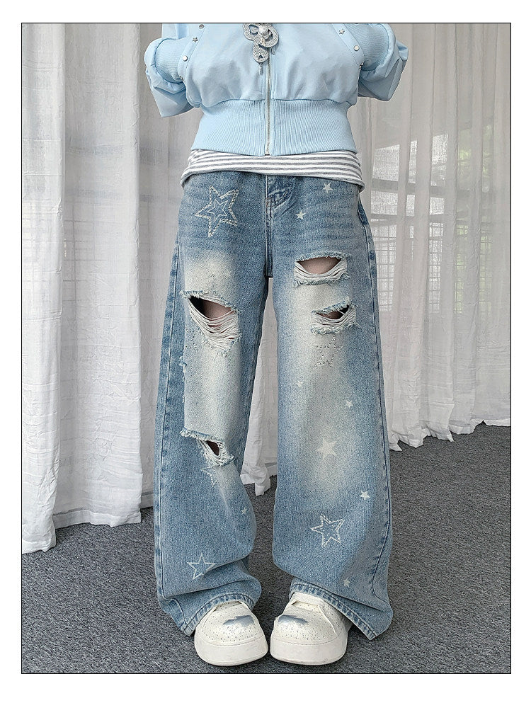Blue Star Ripped Wide-Leg Jeans
