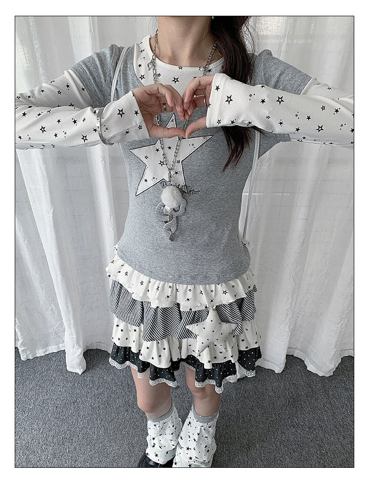 Star Appliqué Layered Long Sleeve Top