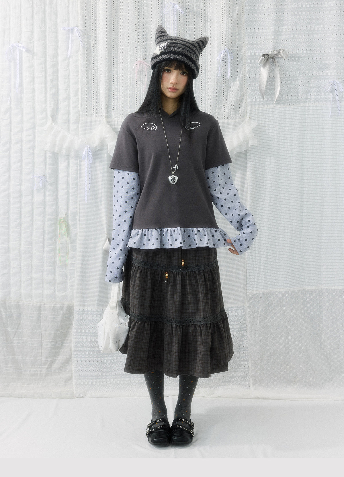 Angel Wing Polka-Dot Layered Hooded Long Sleeve Top
