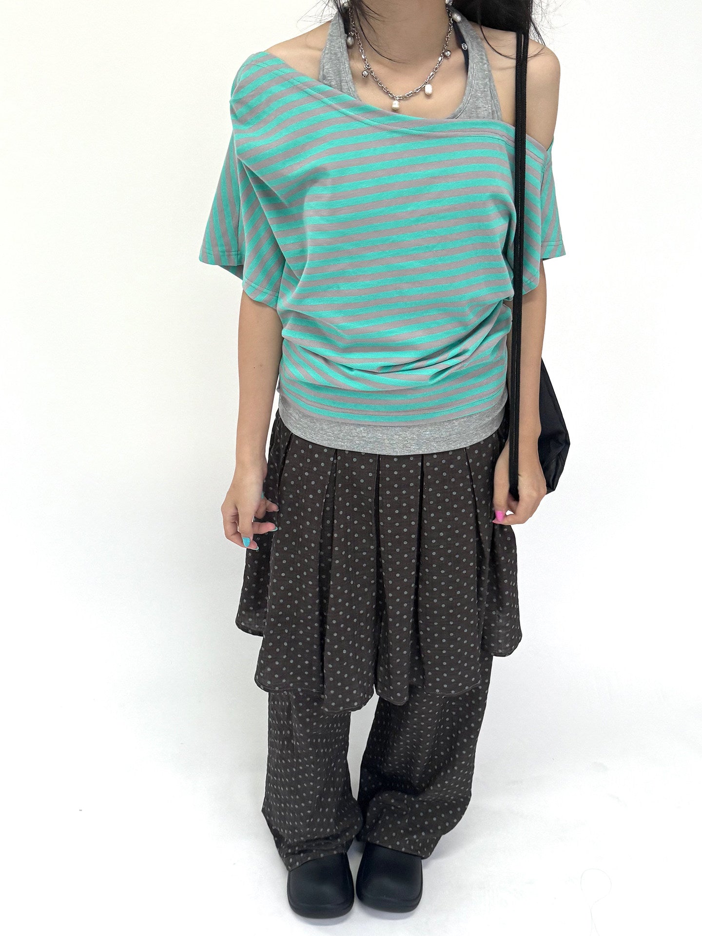Mint Stripe Off-Shoulder Layered Halter Tee