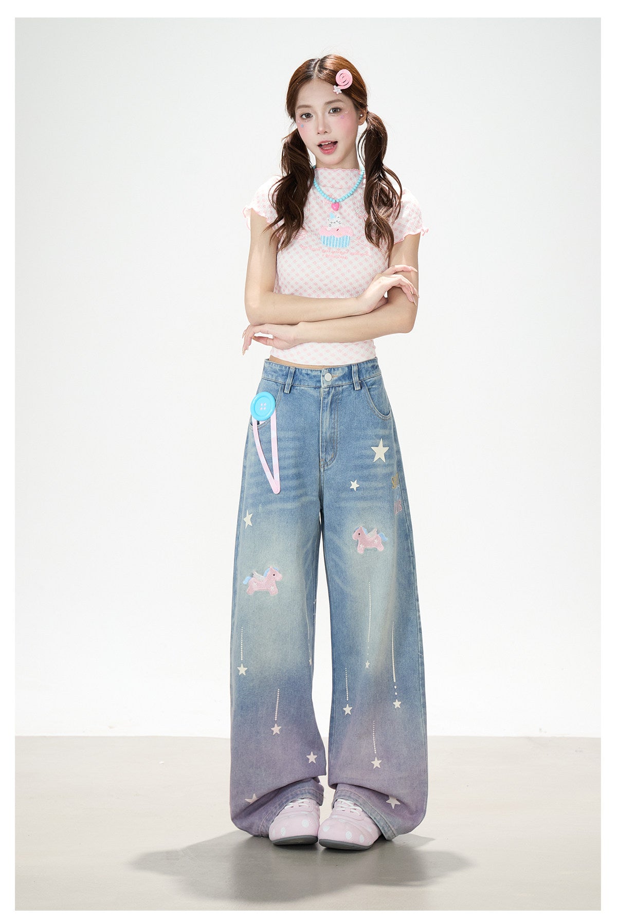 Dreamy Unicorn Star Washed Wide-Leg Jeans