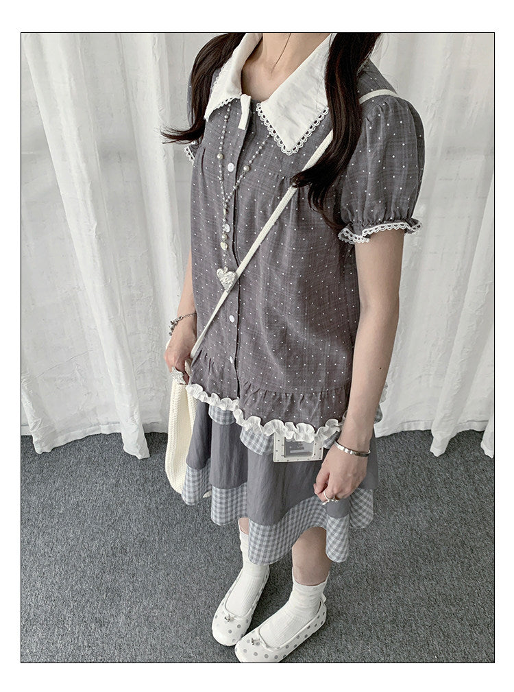 Polka Dot Peter Pan Collar Ruffle-Hem Blouse